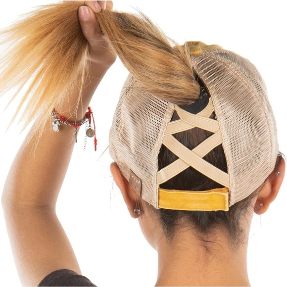 NWOT C.C Ponytail Criss-Cross Distressed Baseball Cap - Mustard/Khaki - Picture 2 of 6